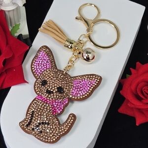 Rhinestone Chihuahua Keychain Bag Charm Pink Bow Dog Mom Purse Charm Sparkly